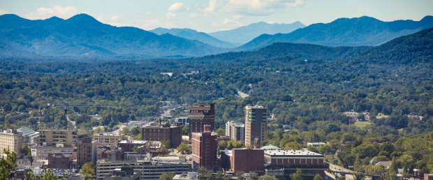 Asheville, NC with mountains in background